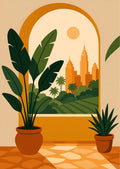 Urban Oasis: Mid-Century Modern Archway Cityscape Art